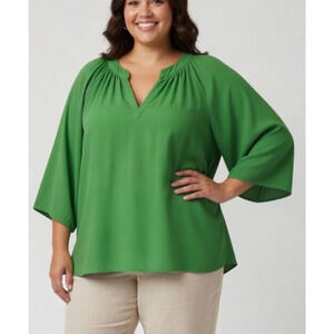 Escapada 1X Green Rayon Tunic V Neck Wide Sleeve Boho Flowy Blouse Top Resort